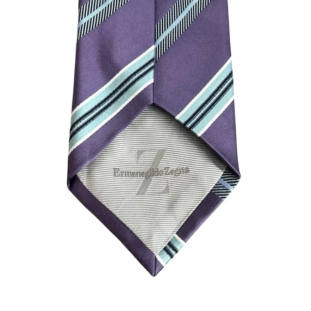 ERMENEGILDO ZEGNA‎ Mens 100% Silk Necktie ITALY Luxury STRIPED Purple/Blue